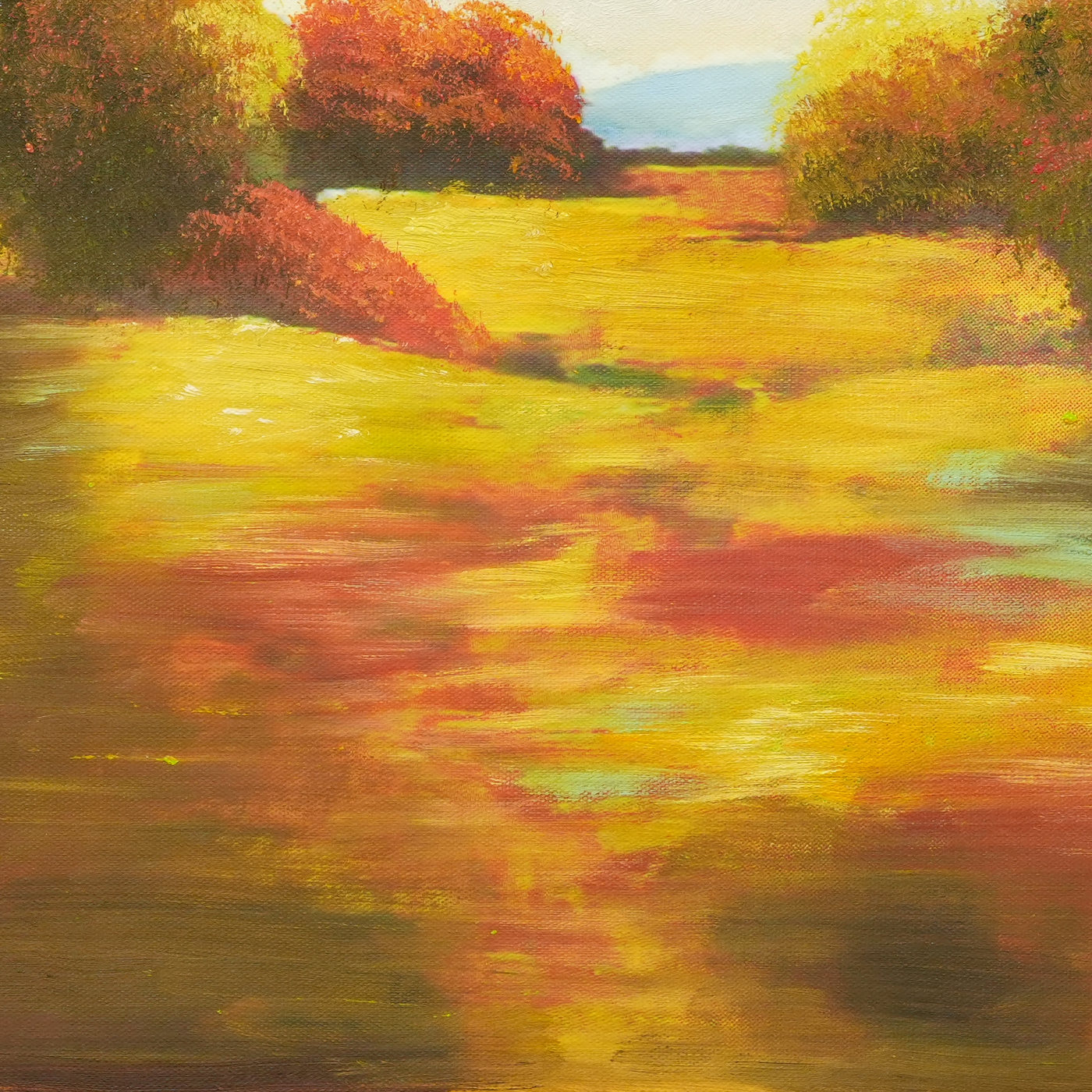 Golden Meadow and Autumn Trees Landscape Oil Painting - Brushwork detail