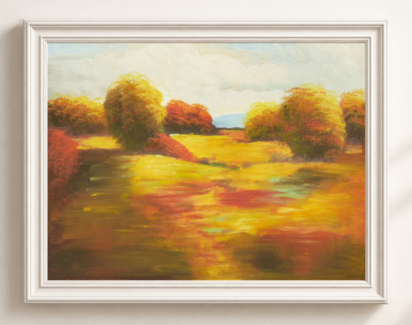 Golden Meadow and Autumn Trees Landscape Oil Painting - Frame example