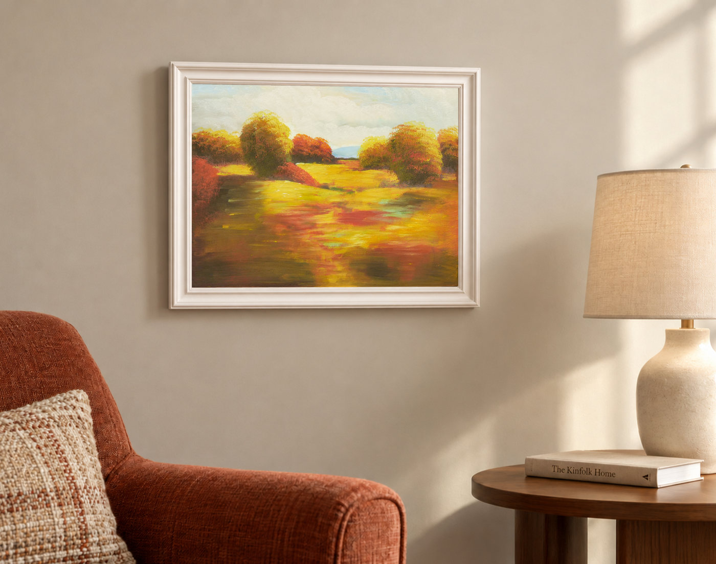 Golden Meadow and Autumn Trees Landscape Oil Painting