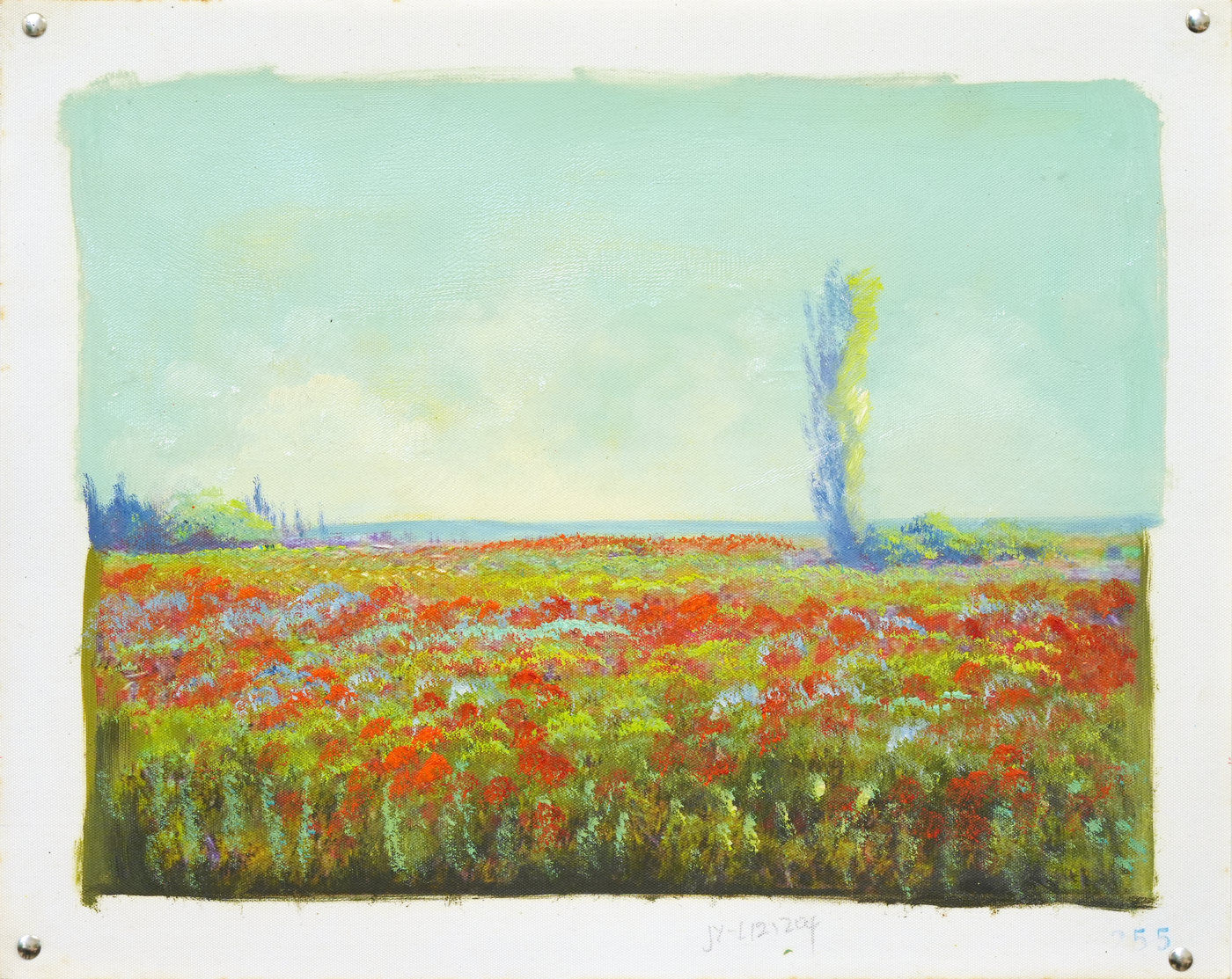 Red Flower Meadow Landscape Oil Painting with Poplar
