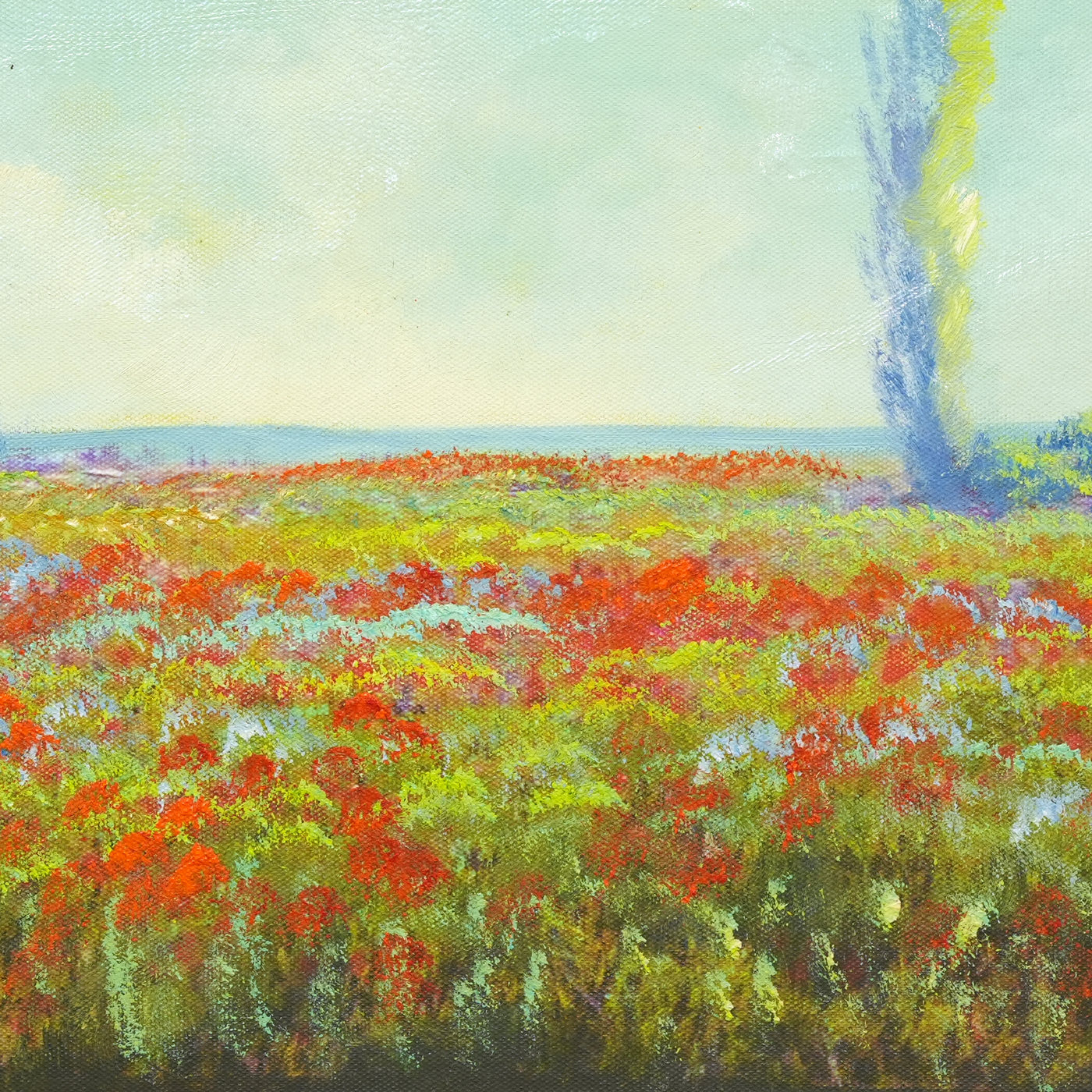 Red Flower Meadow Landscape Oil Painting with Poplar - Brushwork detail