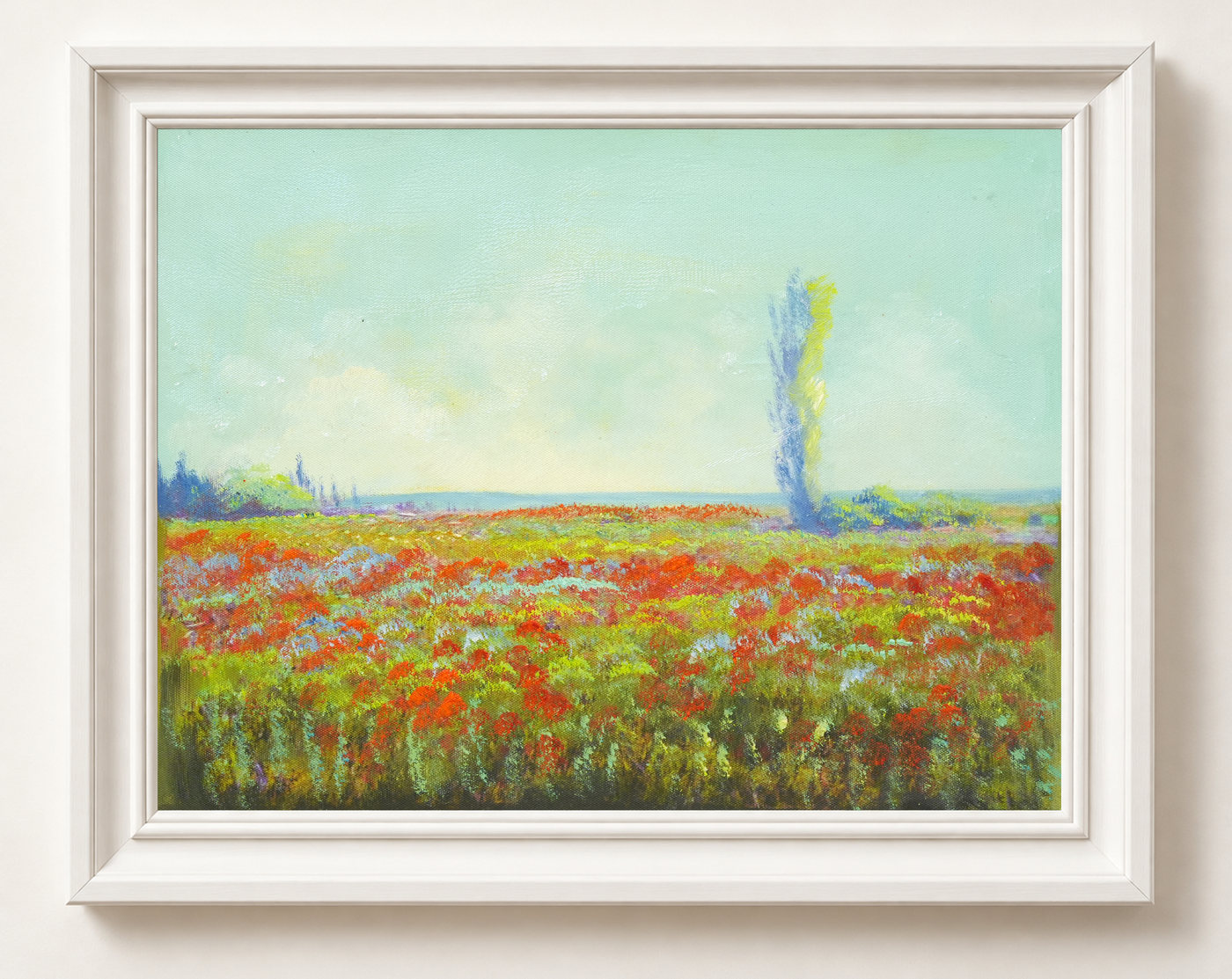 Red Flower Meadow Landscape Oil Painting with Poplar - Frame example