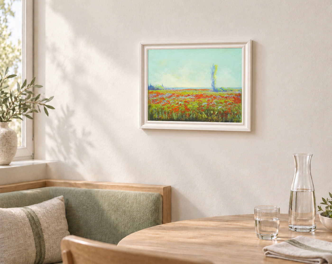 Red Flower Meadow Landscape Oil Painting with Poplar
