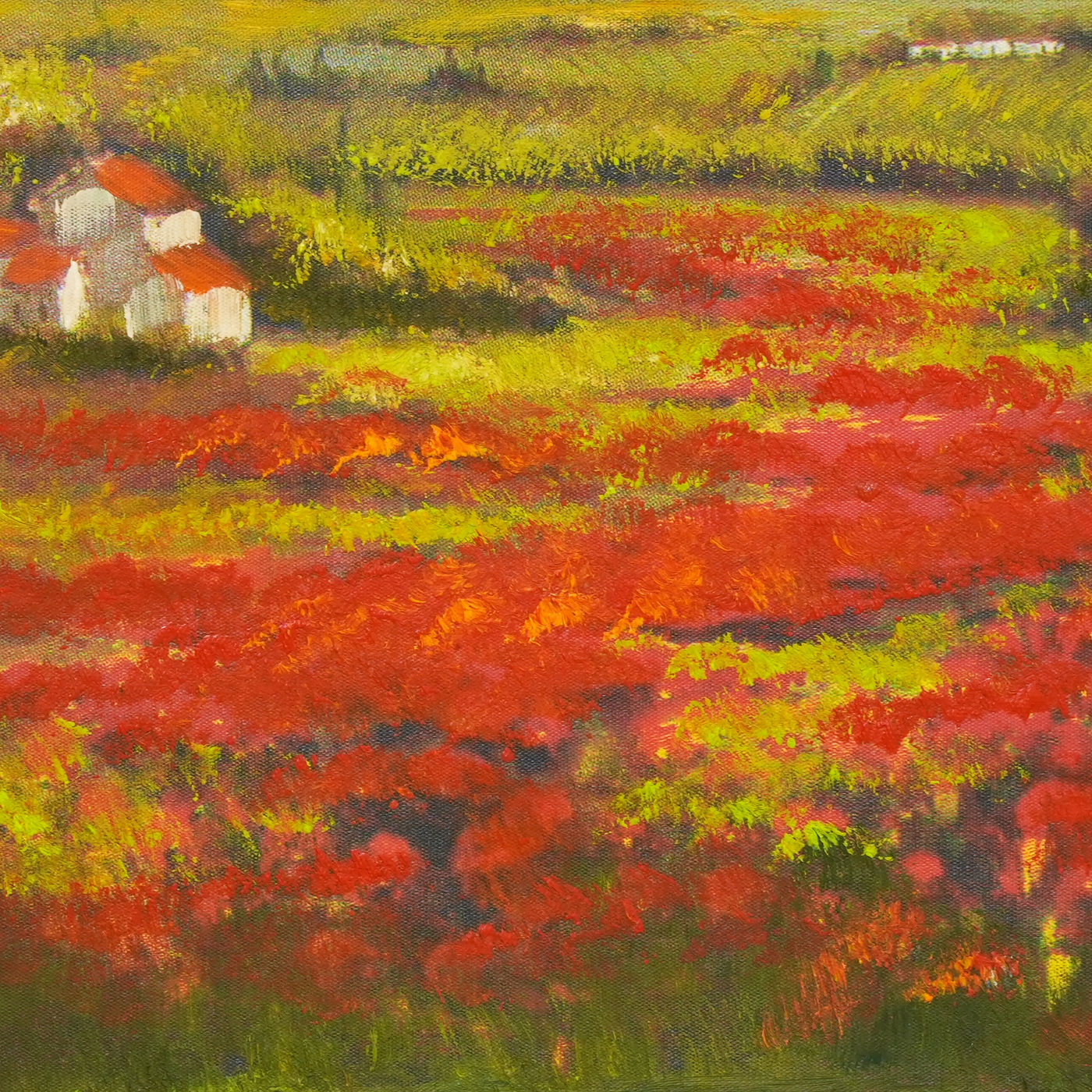 Country Cottage by Red Flower Fields Oil Painting - Brushwork detail