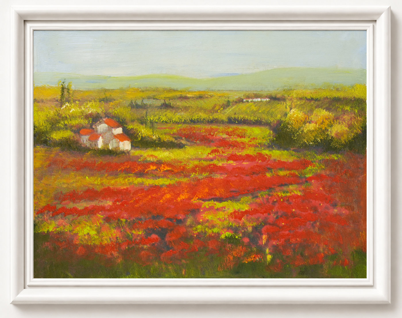 Country Cottage by Red Flower Fields Oil Painting - Frame example