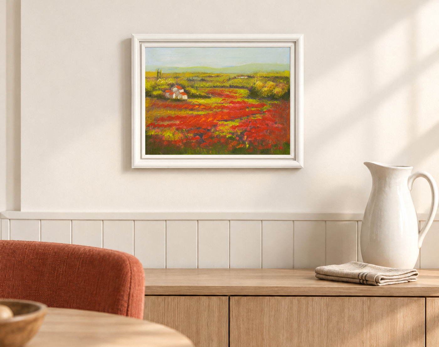 Country Cottage by Red Flower Fields Oil Painting