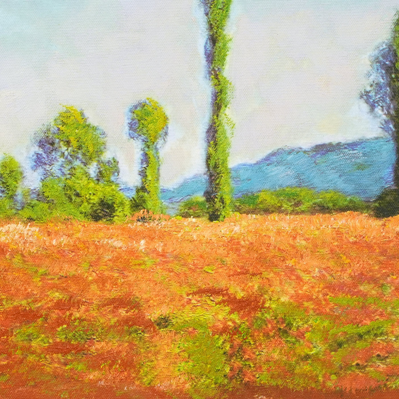Poplars Beyond a Red Meadow Landscape Oil Painting - Brushwork detail