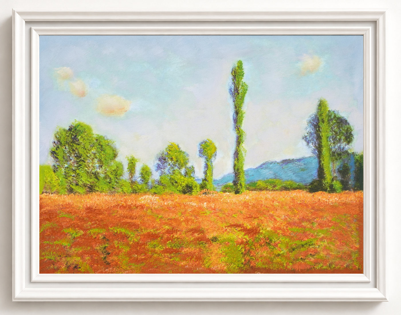 Poplars Beyond a Red Meadow Landscape Oil Painting - Frame example