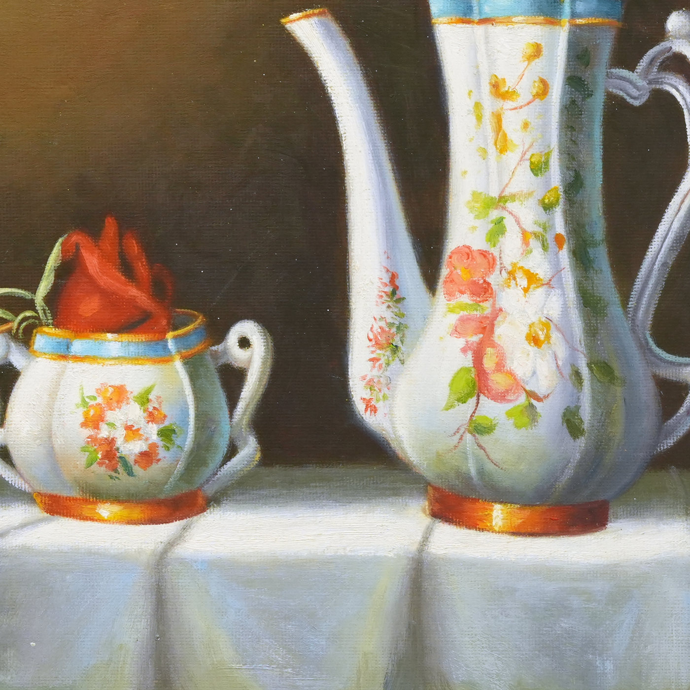 Coffee Pot Still Life Oil Painting for a Dining Room - Brushwork detail