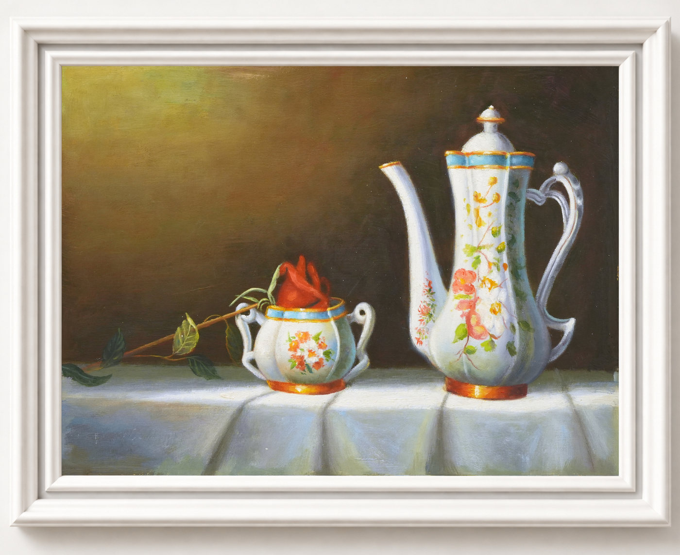 Coffee Pot Still Life Oil Painting for a Dining Room - Frame example