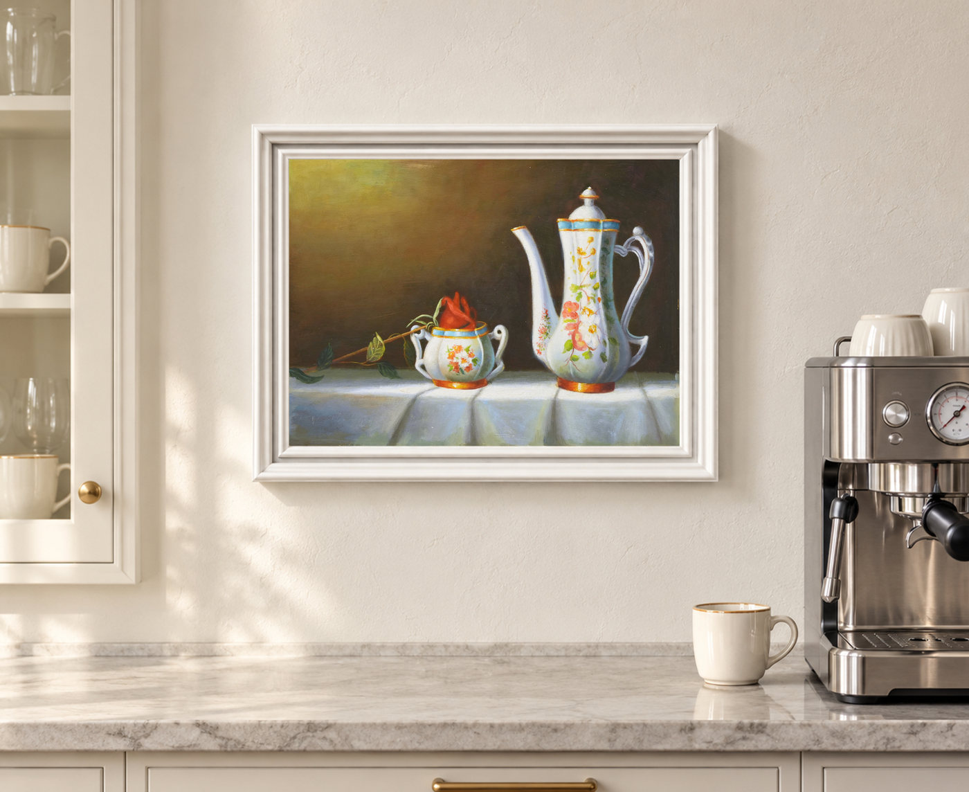 Coffee Pot Still Life Oil Painting for a Dining Room