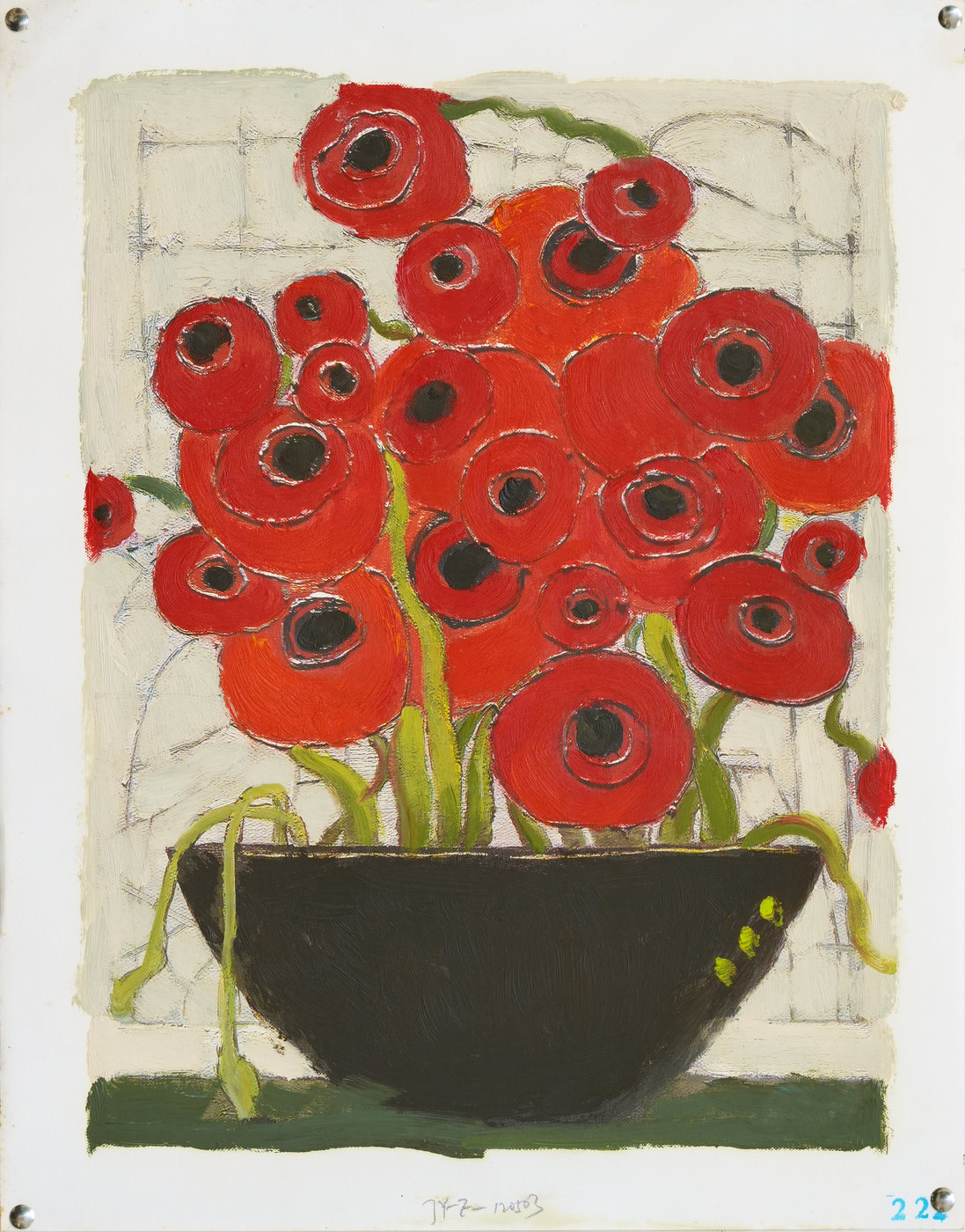 Red Poppy Floral Oil Painting in a Black Bowl