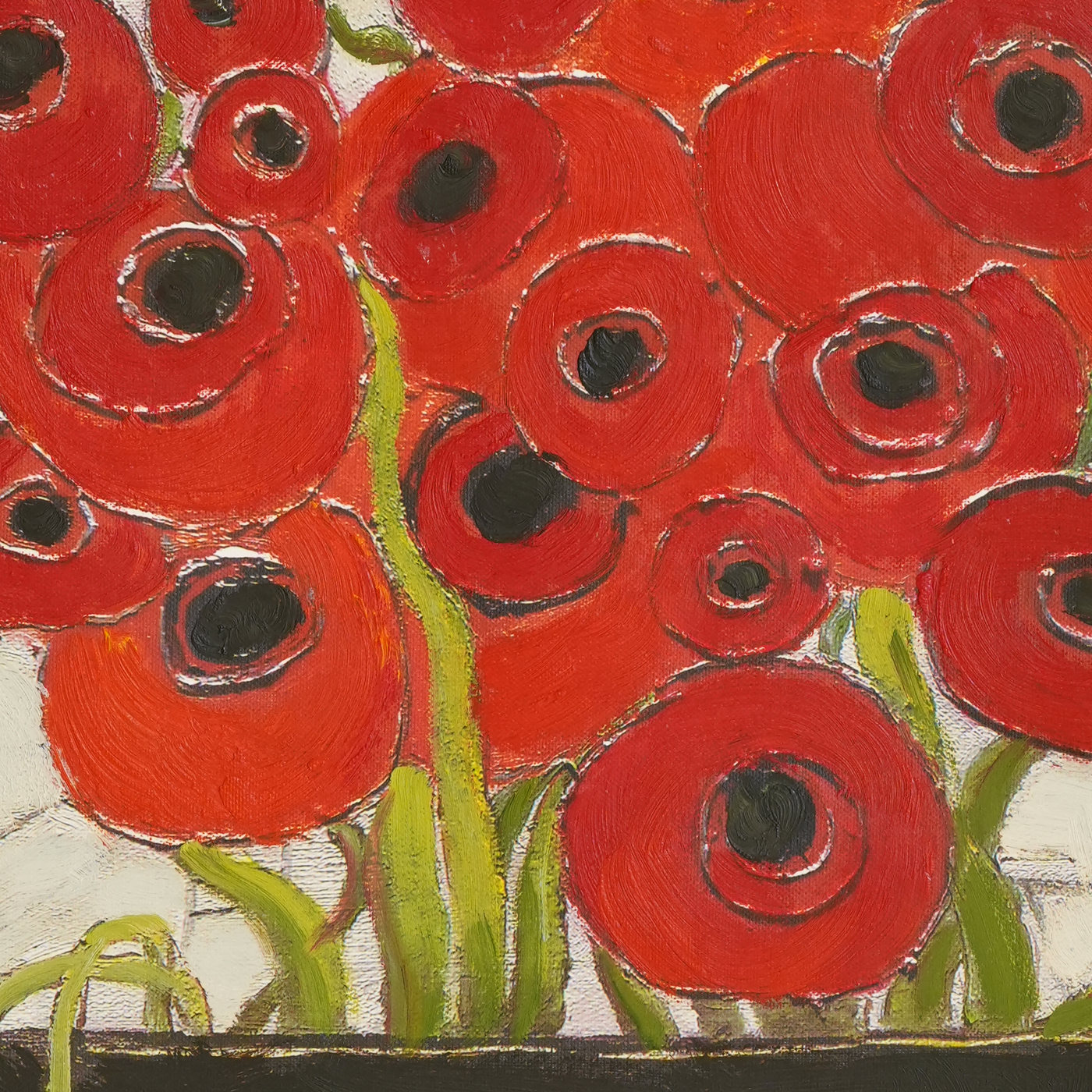 Red Poppy Floral Oil Painting in a Black Bowl - Brushwork detail