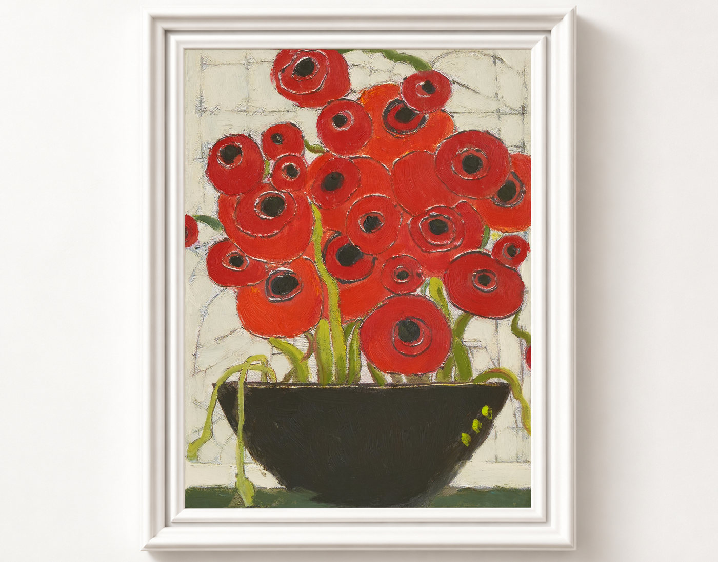 Red Poppy Floral Oil Painting in a Black Bowl - Frame example