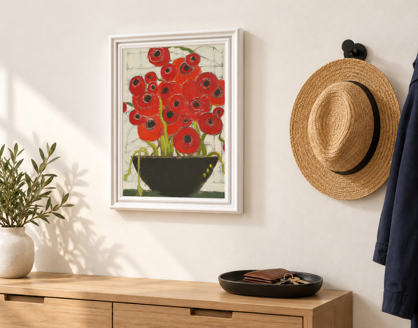 Red Poppy Floral Oil Painting in a Black Bowl