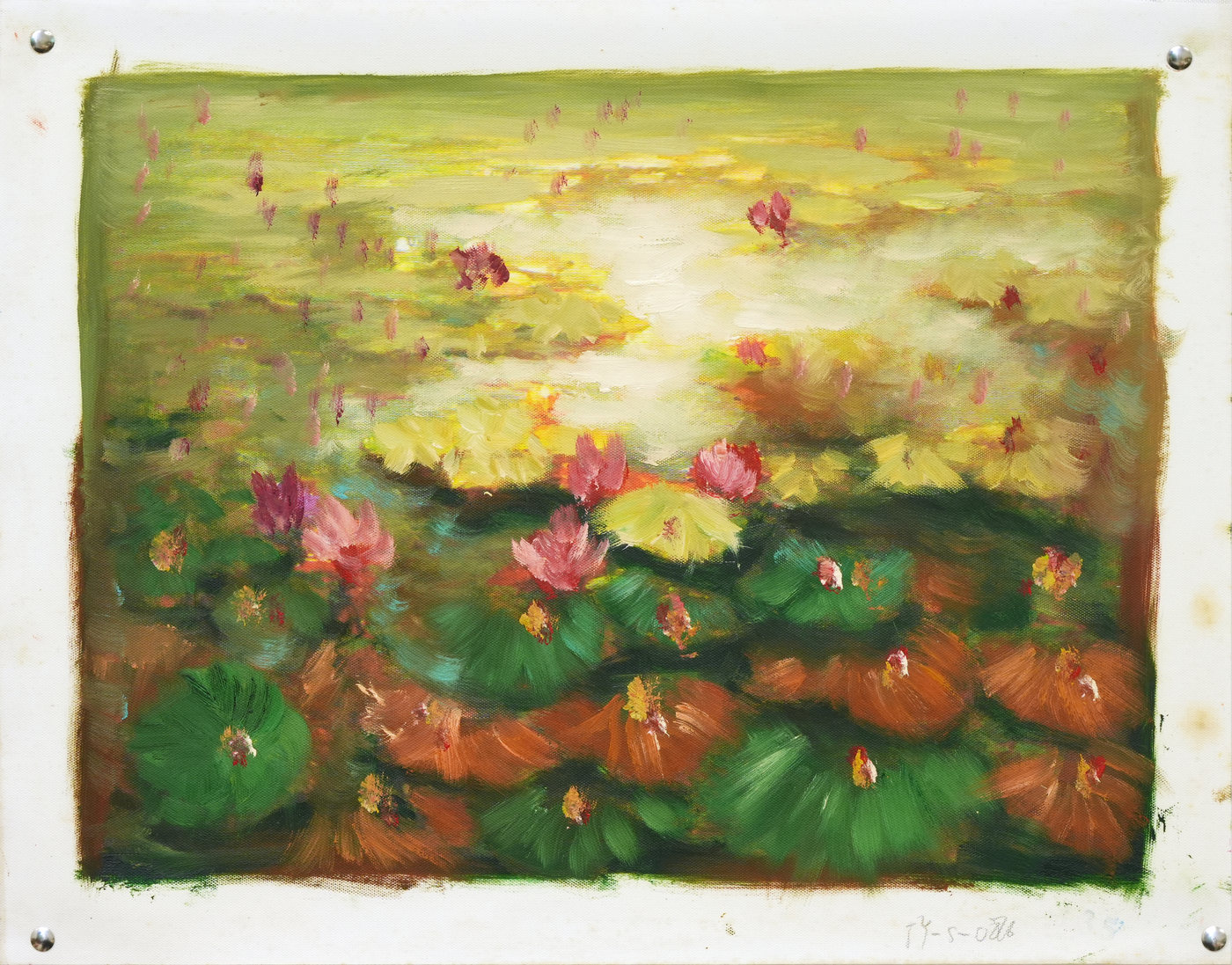 Water Lily Floral Oil Painting by a Golden Pond