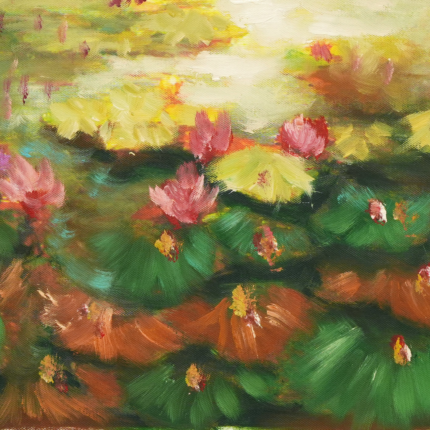 Water Lily Floral Oil Painting by a Golden Pond - Brushwork detail