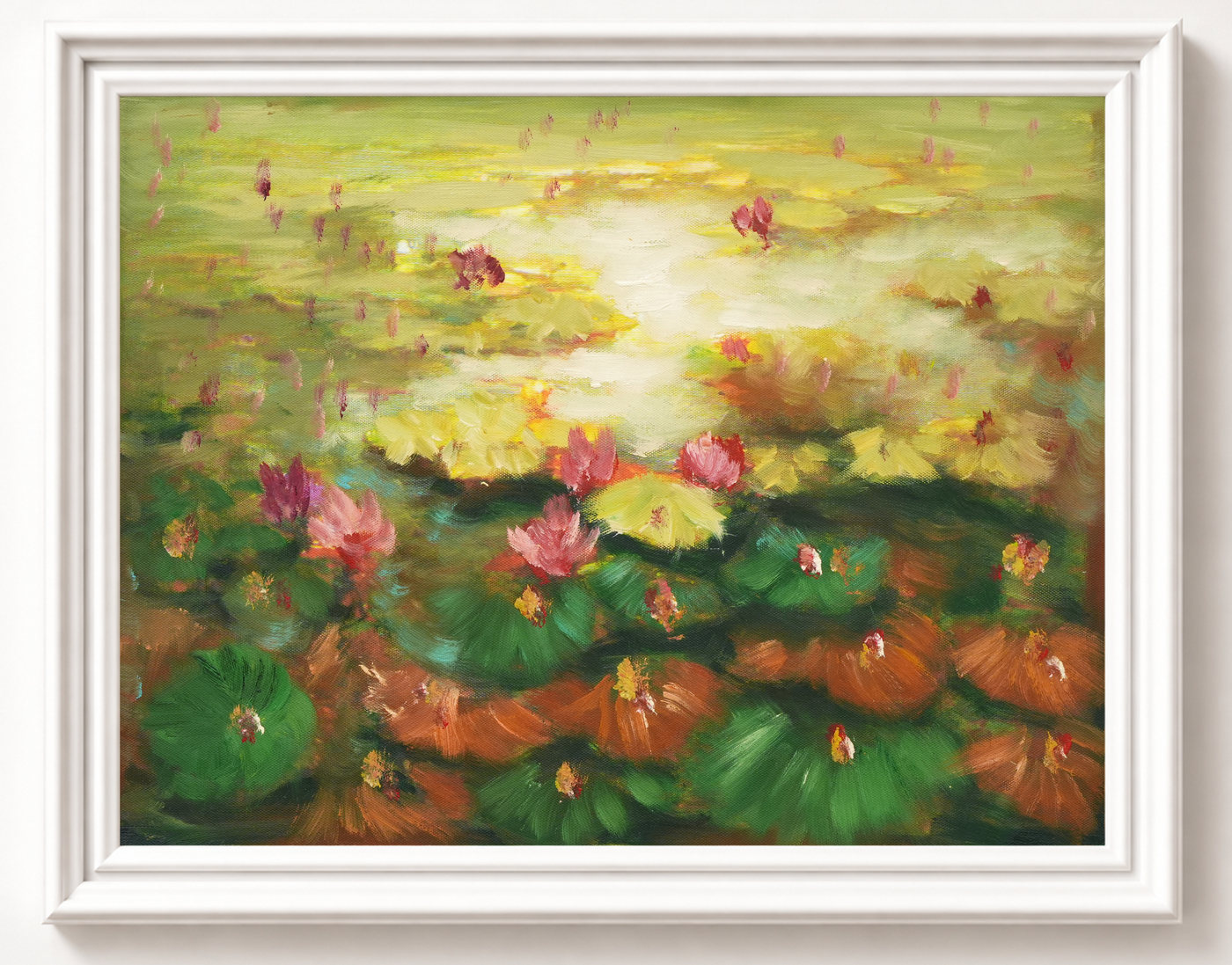 Water Lily Floral Oil Painting by a Golden Pond - Frame example