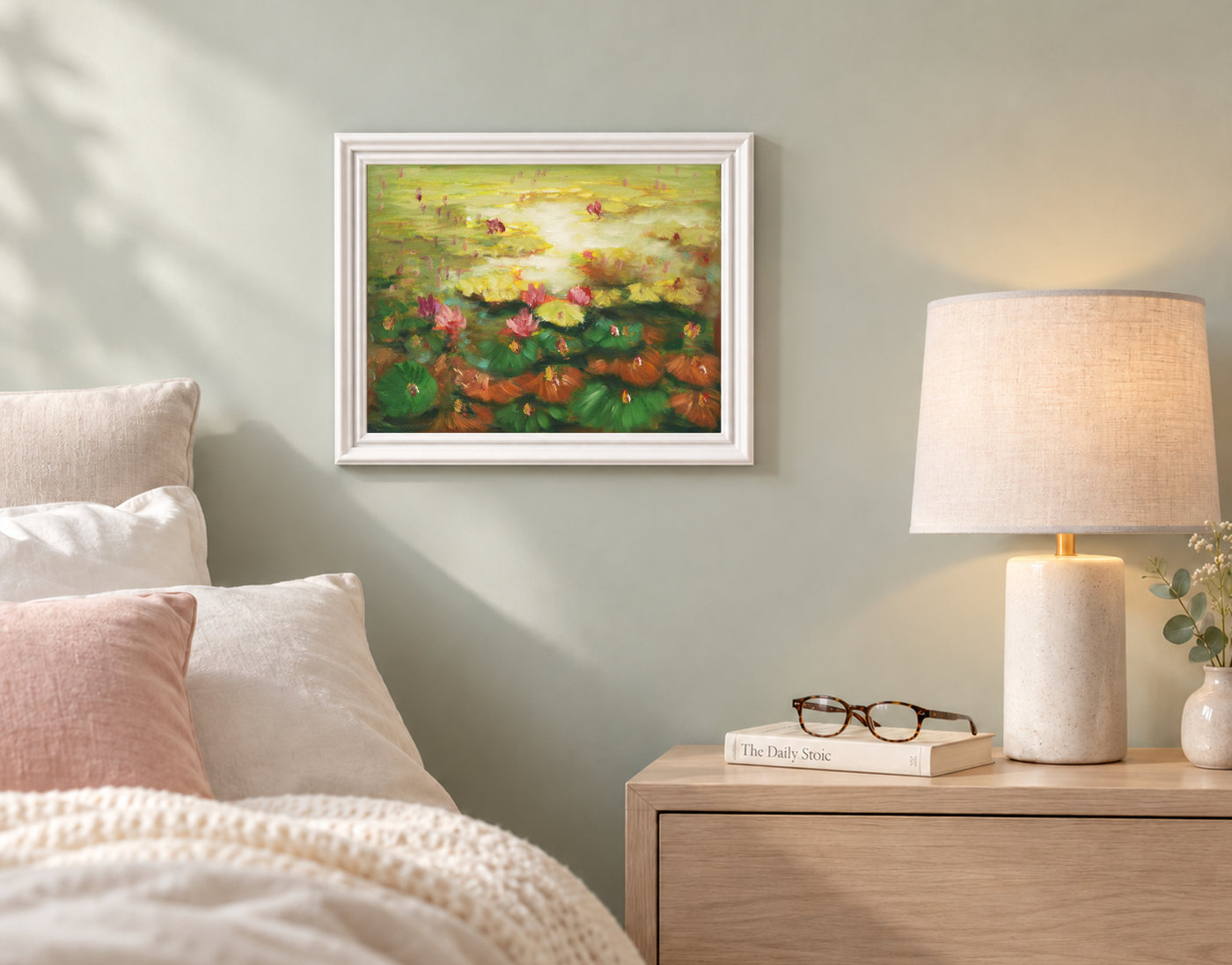 Water Lily Floral Oil Painting by a Golden Pond