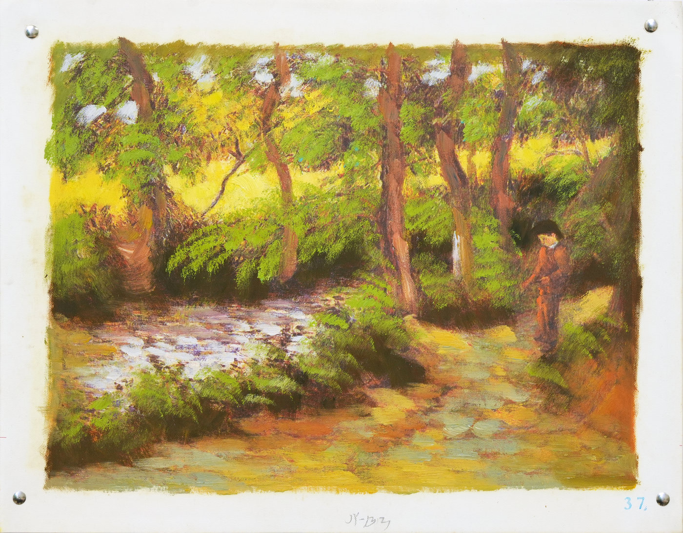 Woodland Stream Landscape Oil Painting in Sunlight