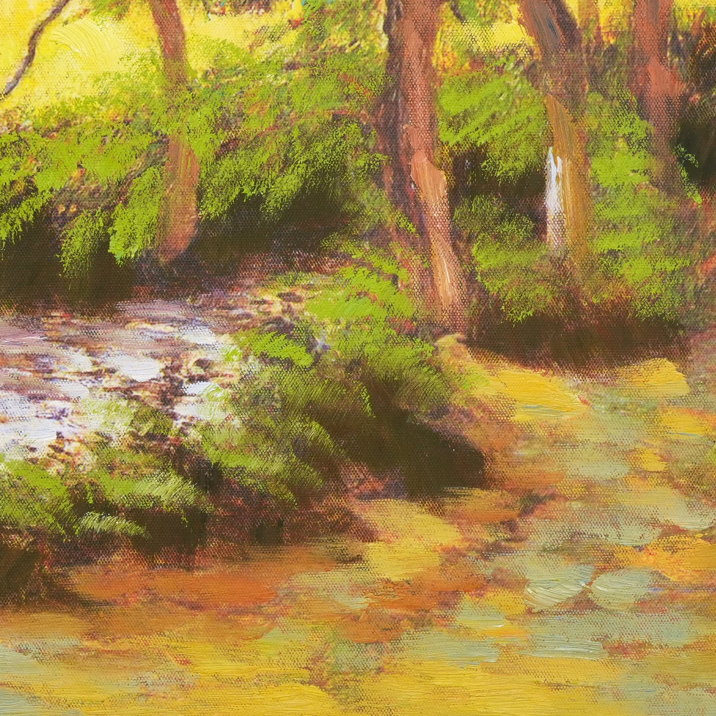 Woodland Stream Landscape Oil Painting in Sunlight - Brushwork detail
