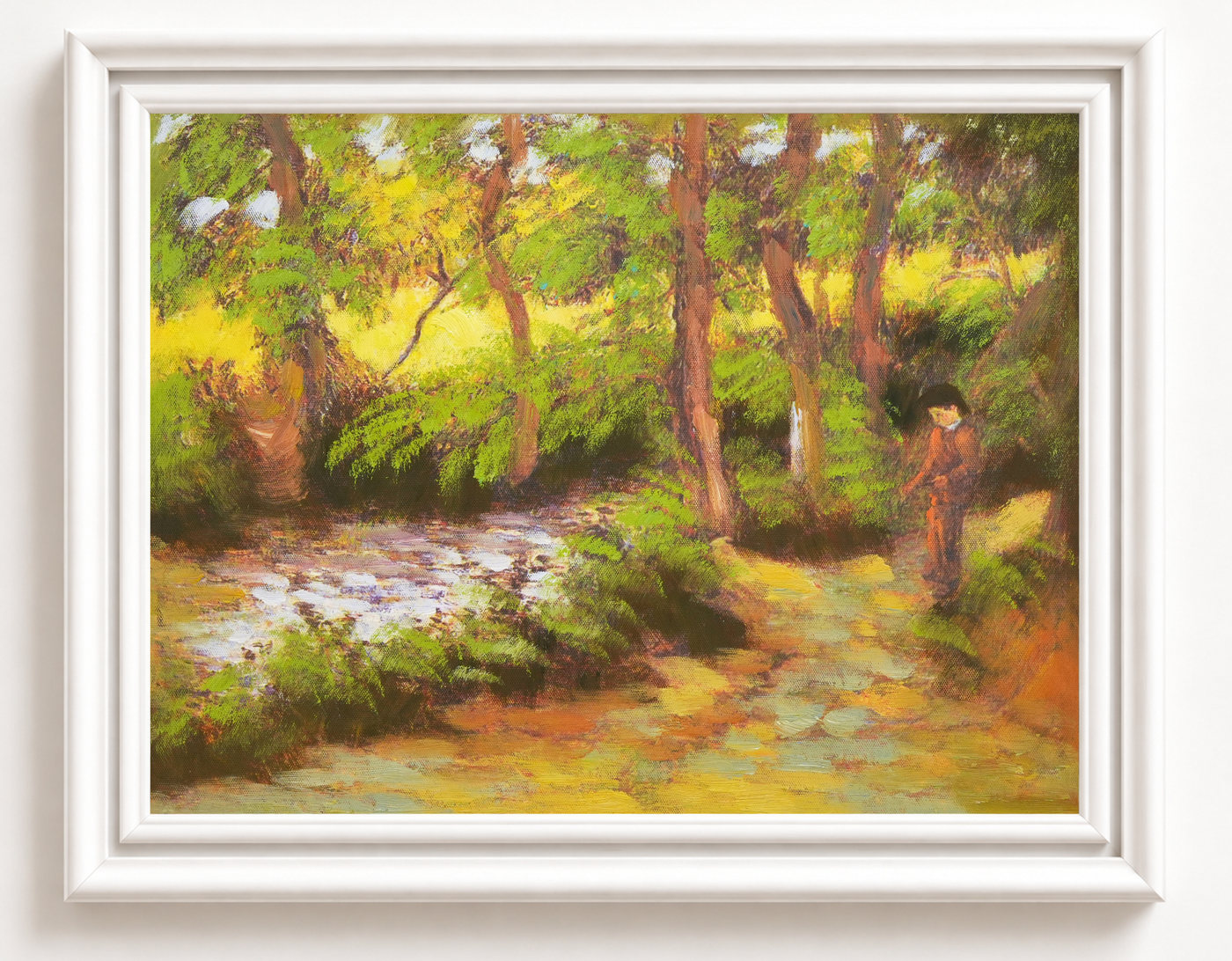 Woodland Stream Landscape Oil Painting in Sunlight - Frame example