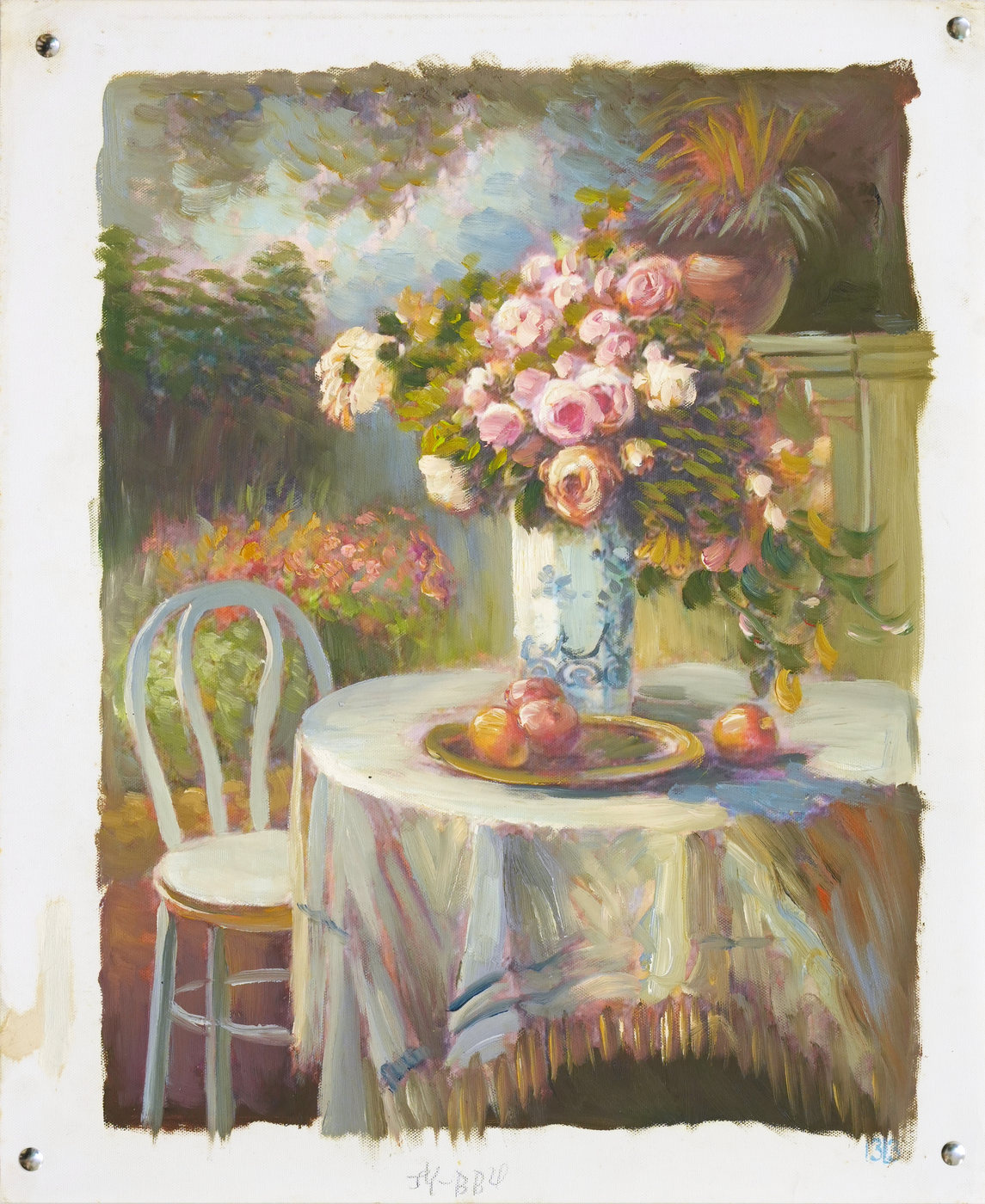 Pink Roses on a Garden Table Still Life Oil Painting