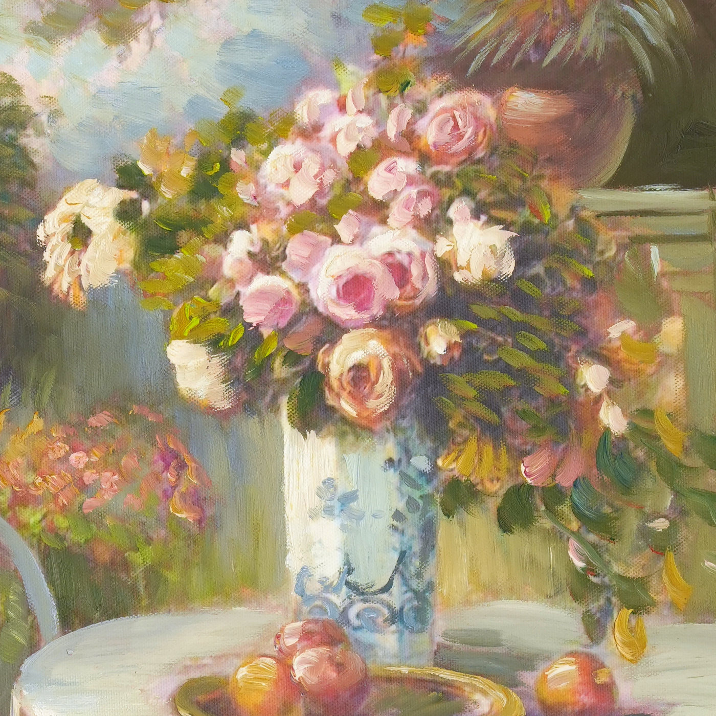 Pink Roses on a Garden Table Still Life Oil Painting - Brushwork detail