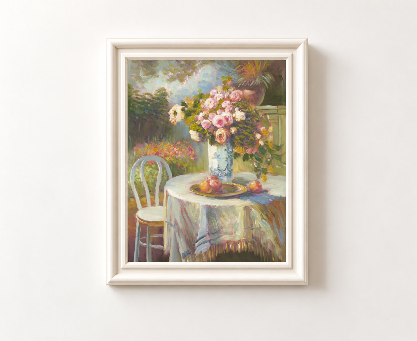 Pink Roses on a Garden Table Still Life Oil Painting - Frame example