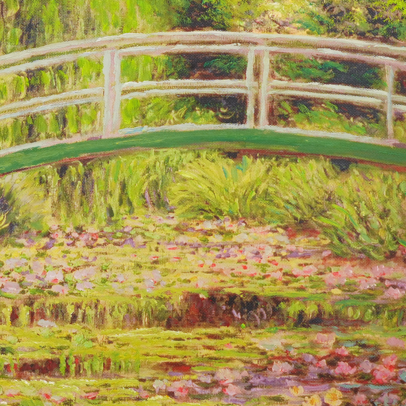 Bridge over a Lily Pond Garden Oil Painting - Brushwork detail