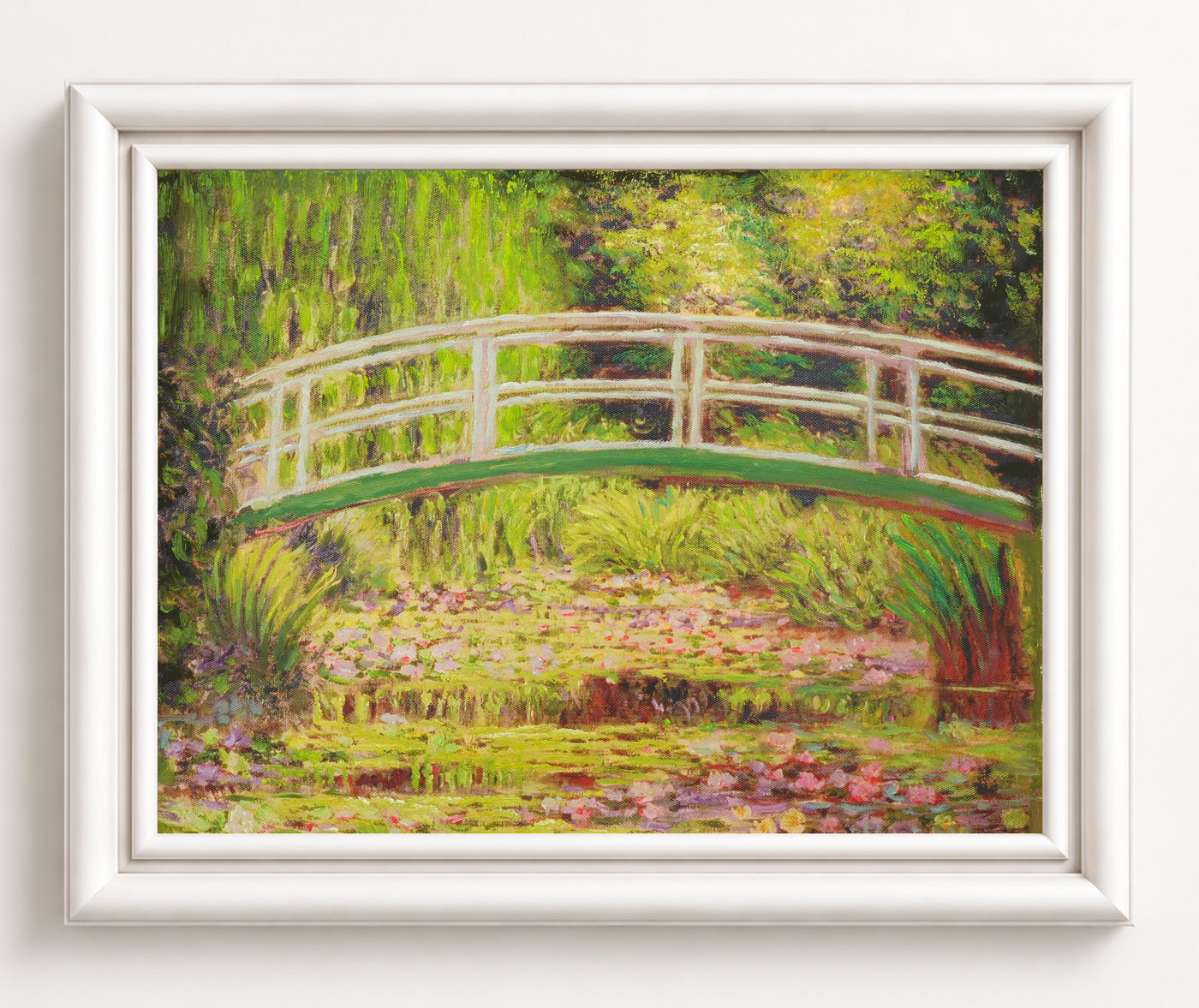 Bridge over a Lily Pond Garden Oil Painting - Frame example