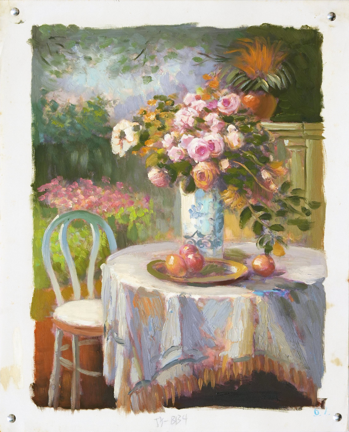 Garden Table with Flowers and Fruit Still Life Oil Painting