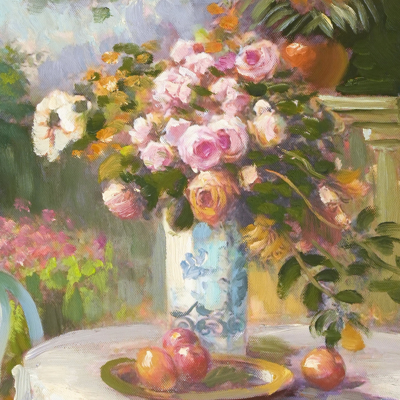 Garden Table with Flowers and Fruit Still Life Oil Painting - Brushwork detail