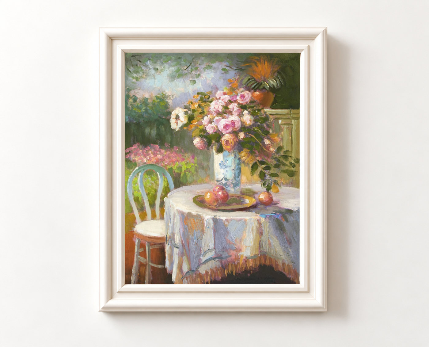 Garden Table with Flowers and Fruit Still Life Oil Painting - Frame example