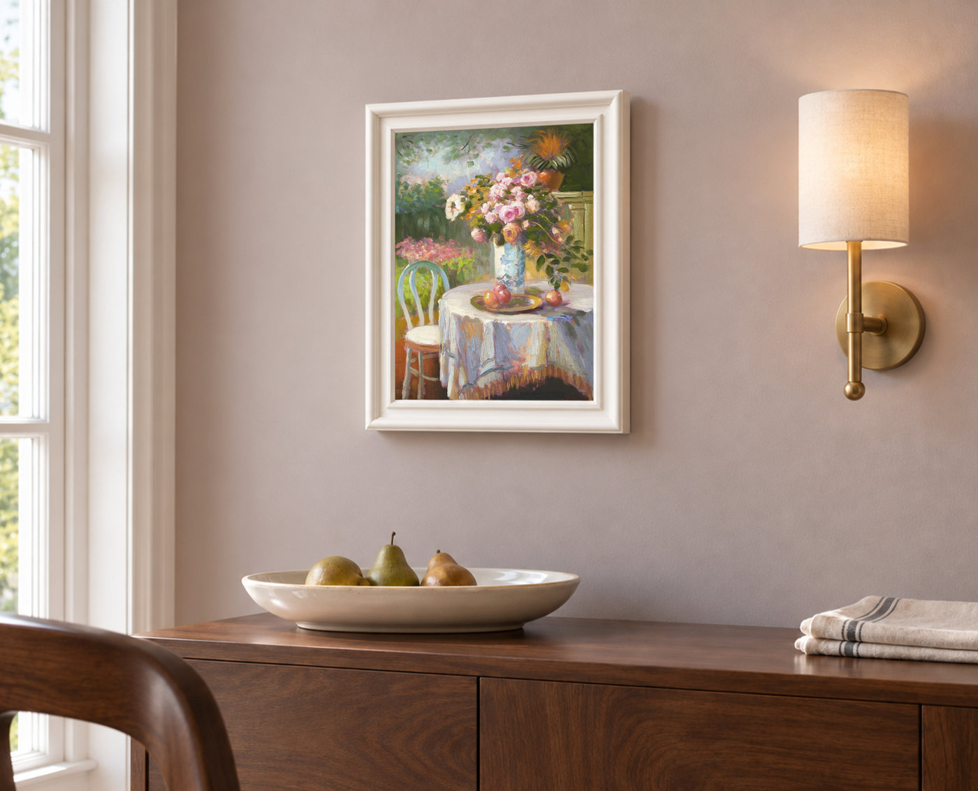Garden Table with Flowers and Fruit Still Life Oil Painting