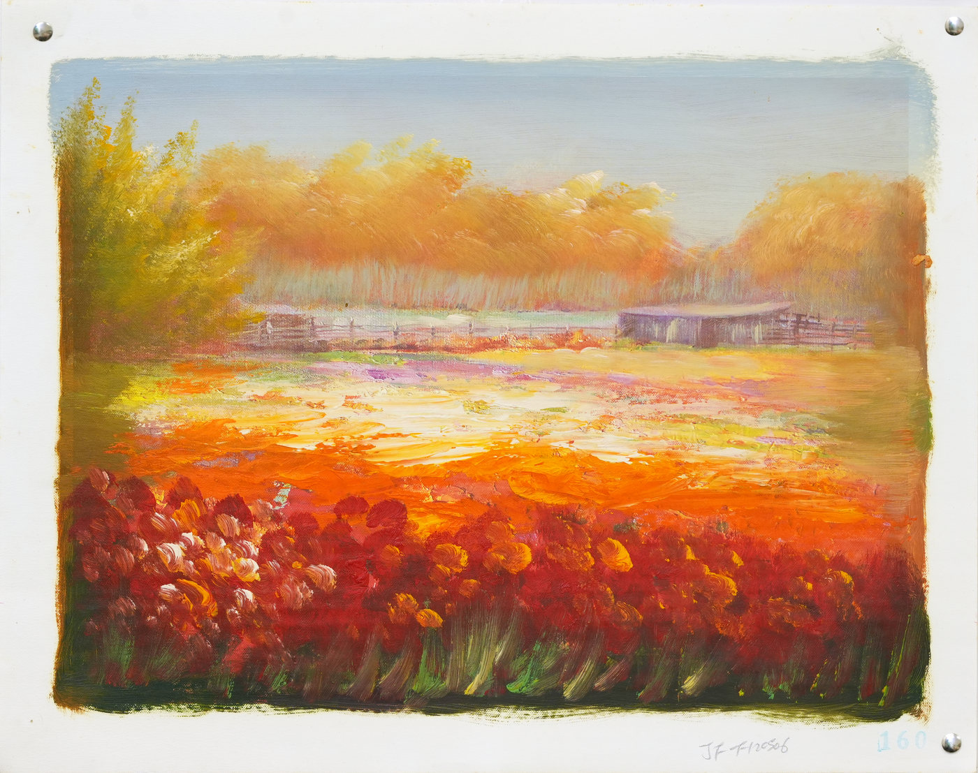 Autumn Lake Landscape Oil Painting with Red Wildflowers