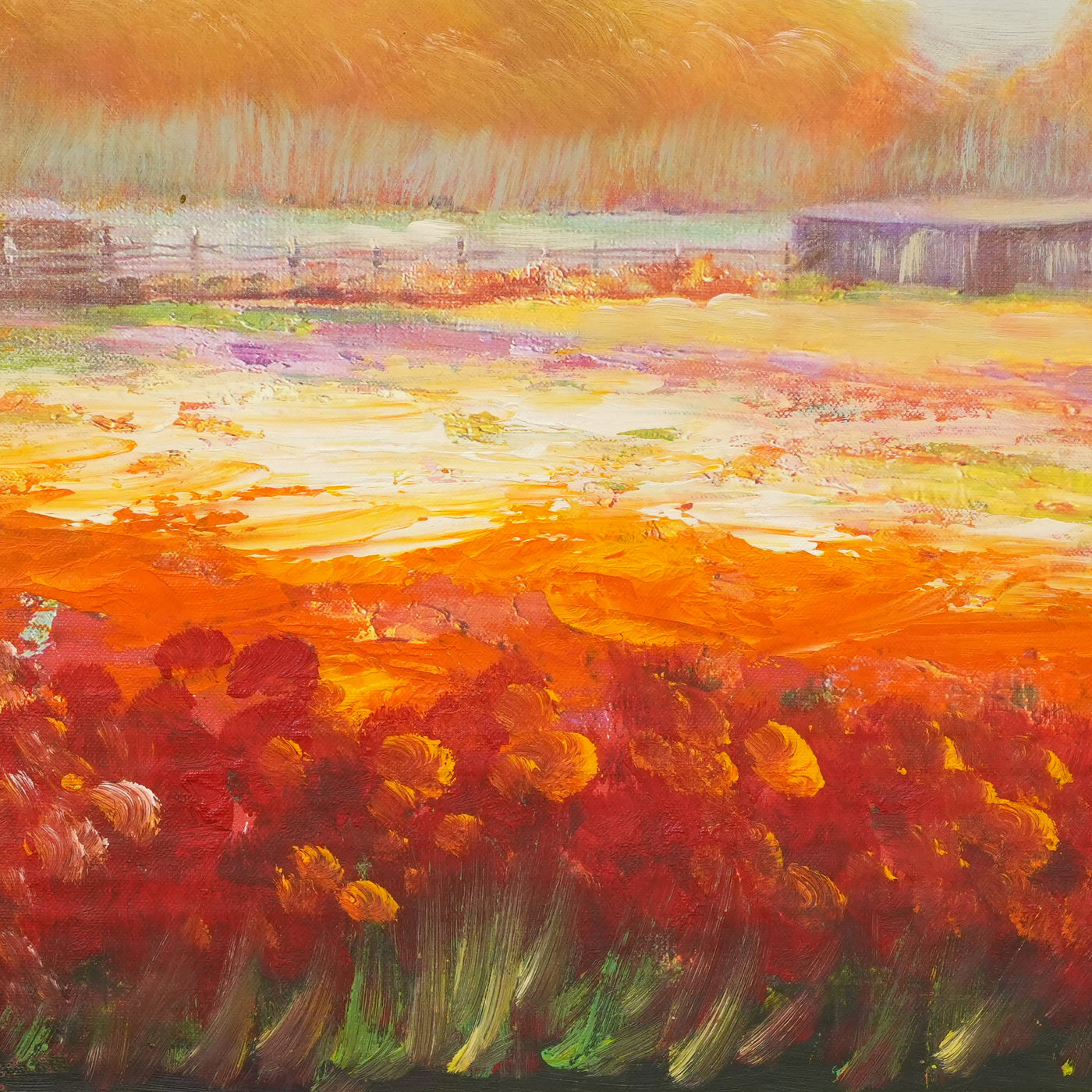 Autumn Lake Landscape Oil Painting with Red Wildflowers - Brushwork detail