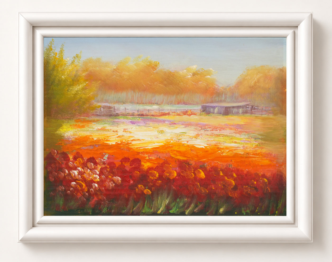 Autumn Lake Landscape Oil Painting with Red Wildflowers - Frame example