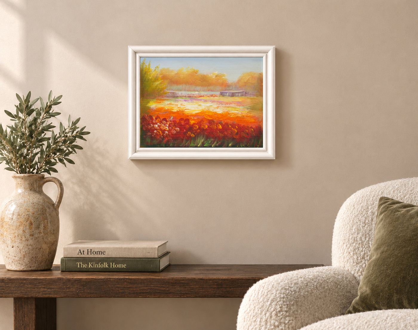 Autumn Lake Landscape Oil Painting with Red Wildflowers