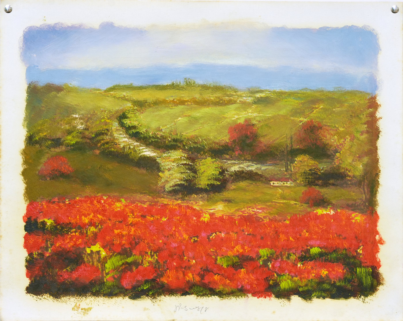 Red Flower Fields Landscape Oil Painting with Hills
