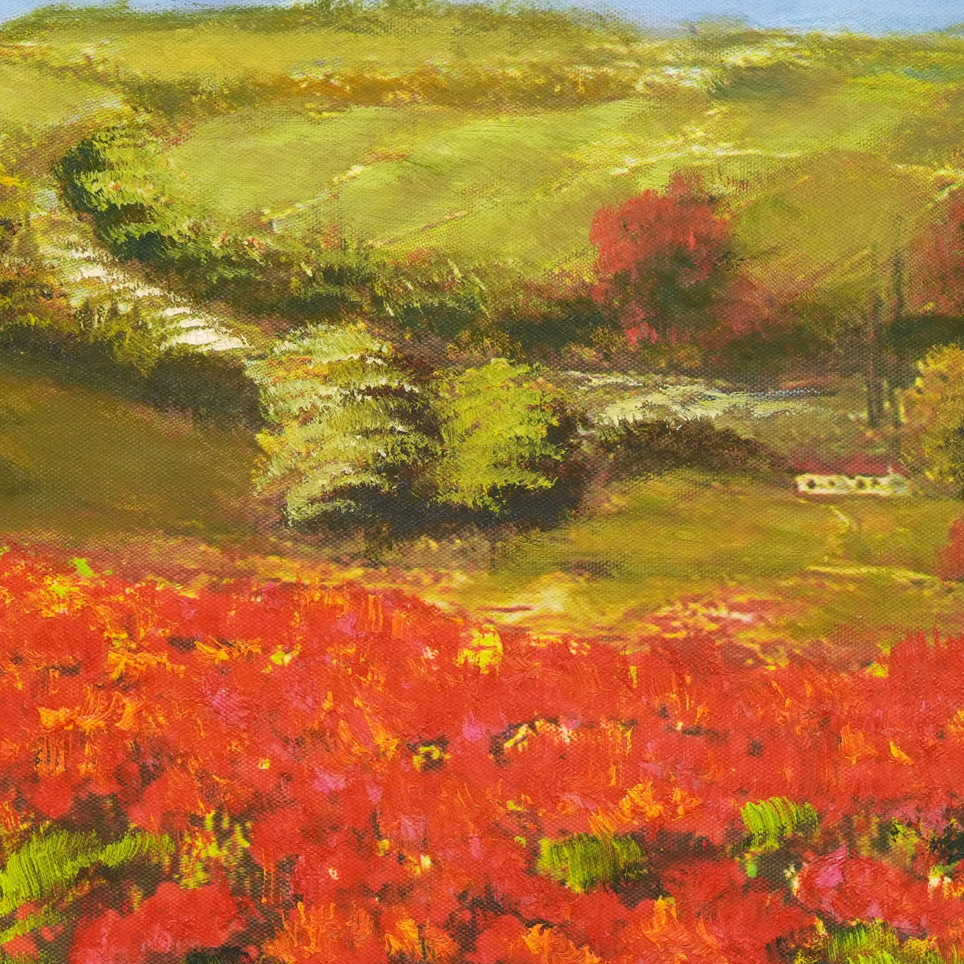 Red Flower Fields Landscape Oil Painting with Hills - Brushwork detail
