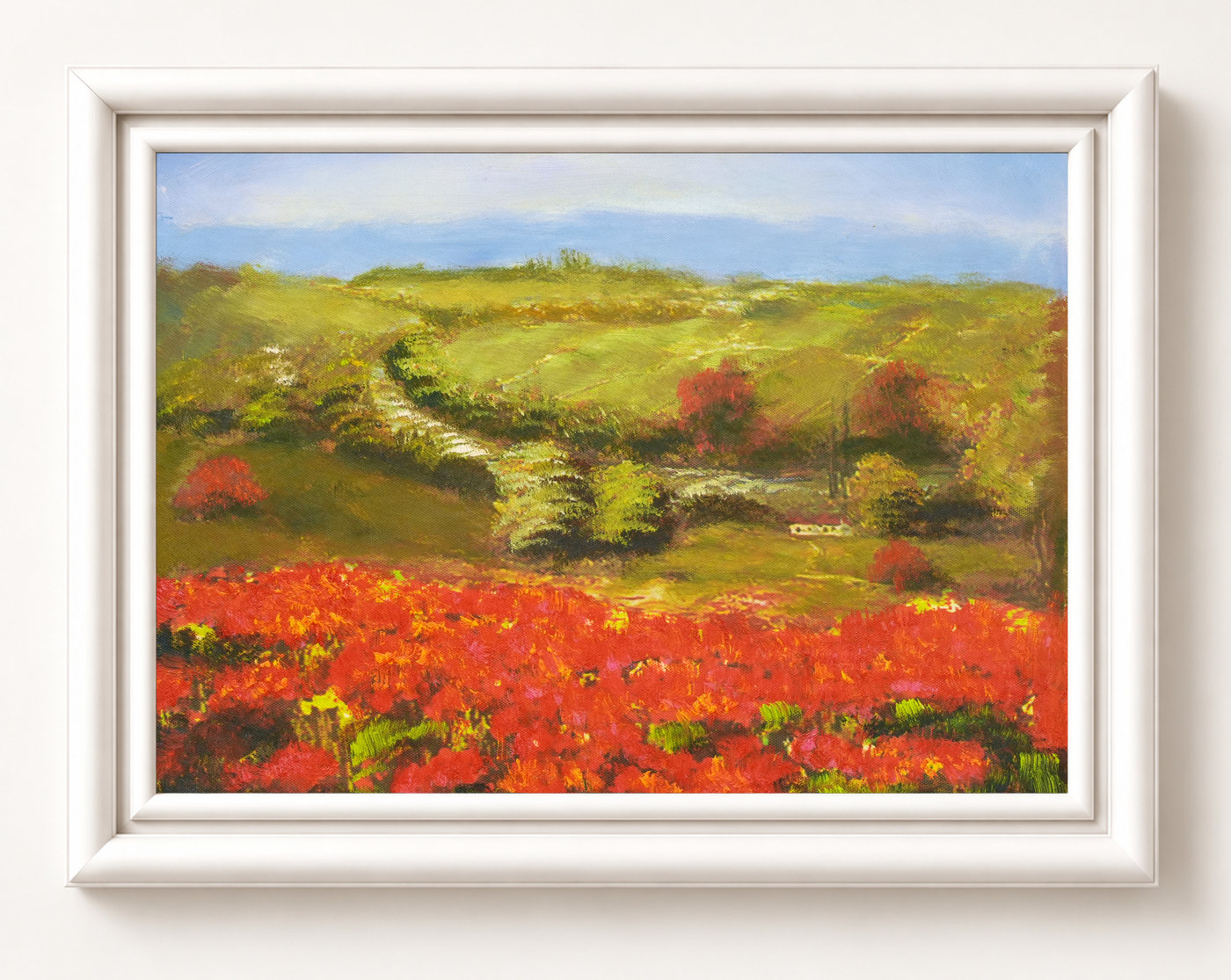 Red Flower Fields Landscape Oil Painting with Hills - Frame example