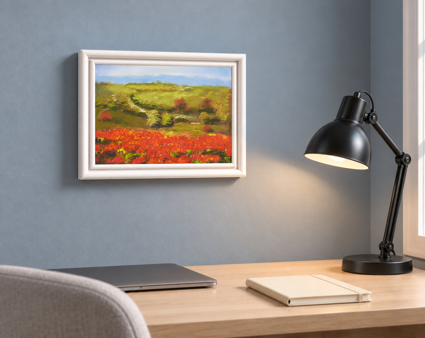 Red Flower Fields Landscape Oil Painting with Hills