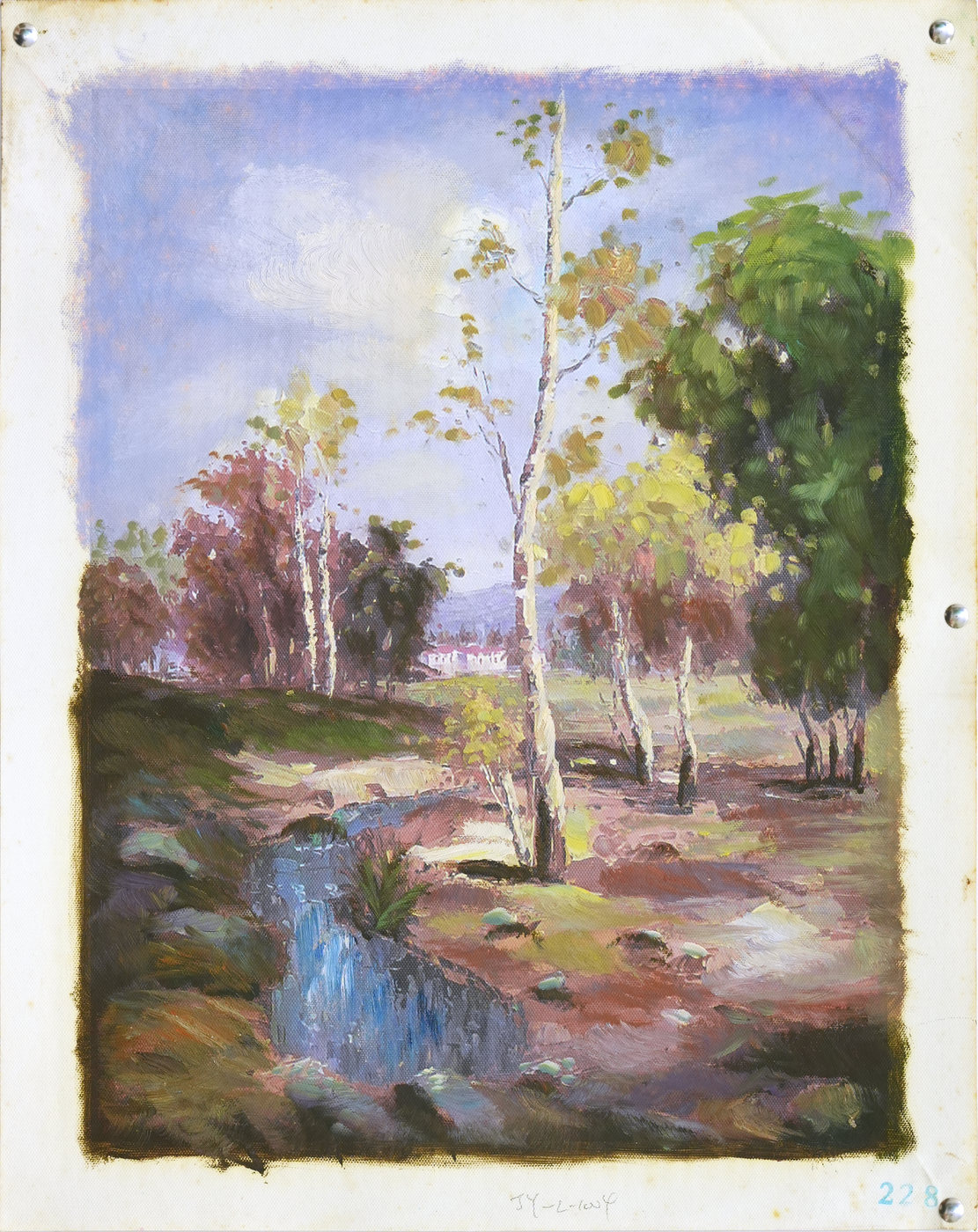 Spring River Landscape Oil Painting with Pale Trees