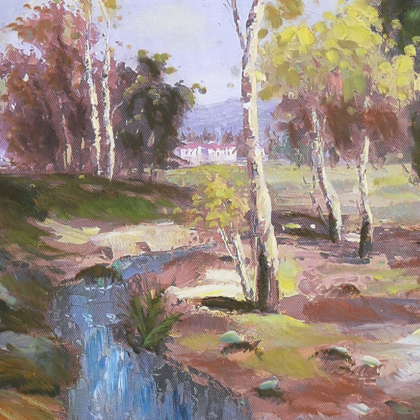 Spring River Landscape Oil Painting with Pale Trees - Brushwork detail