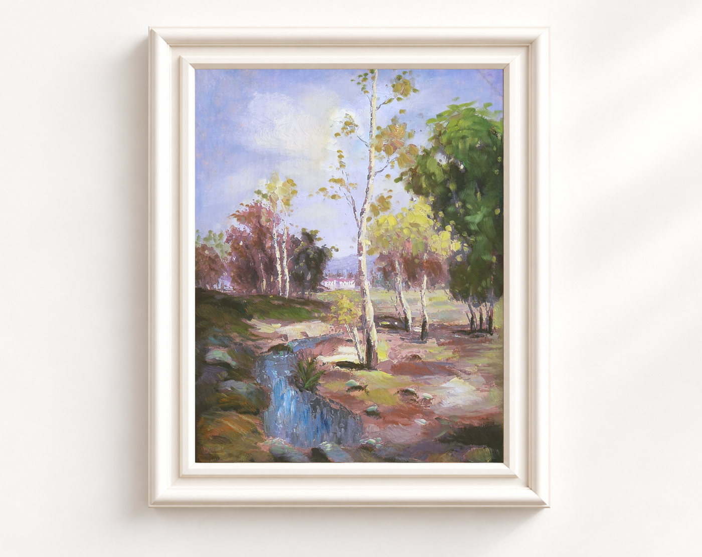 Spring River Landscape Oil Painting with Pale Trees - Frame example