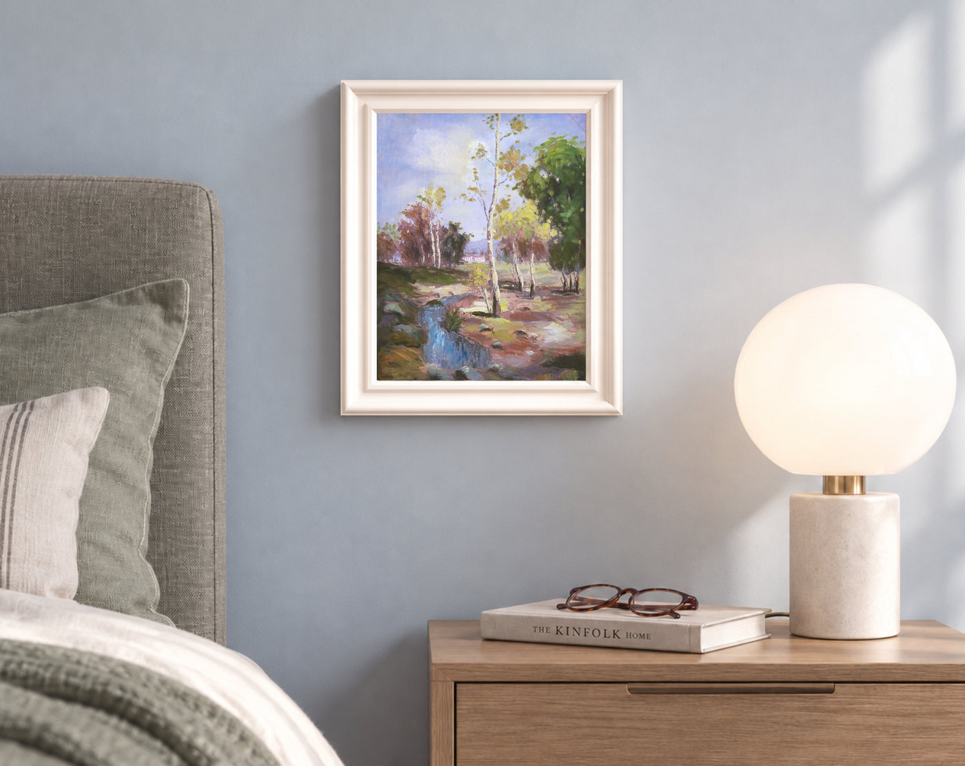 Spring River Landscape Oil Painting with Pale Trees