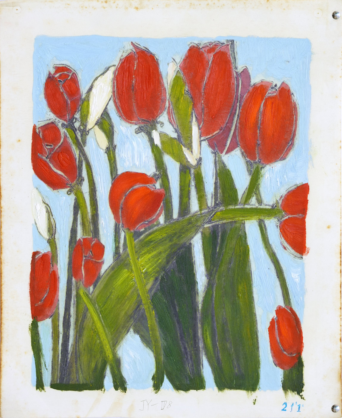Red Tulip Floral Oil Painting against Blue