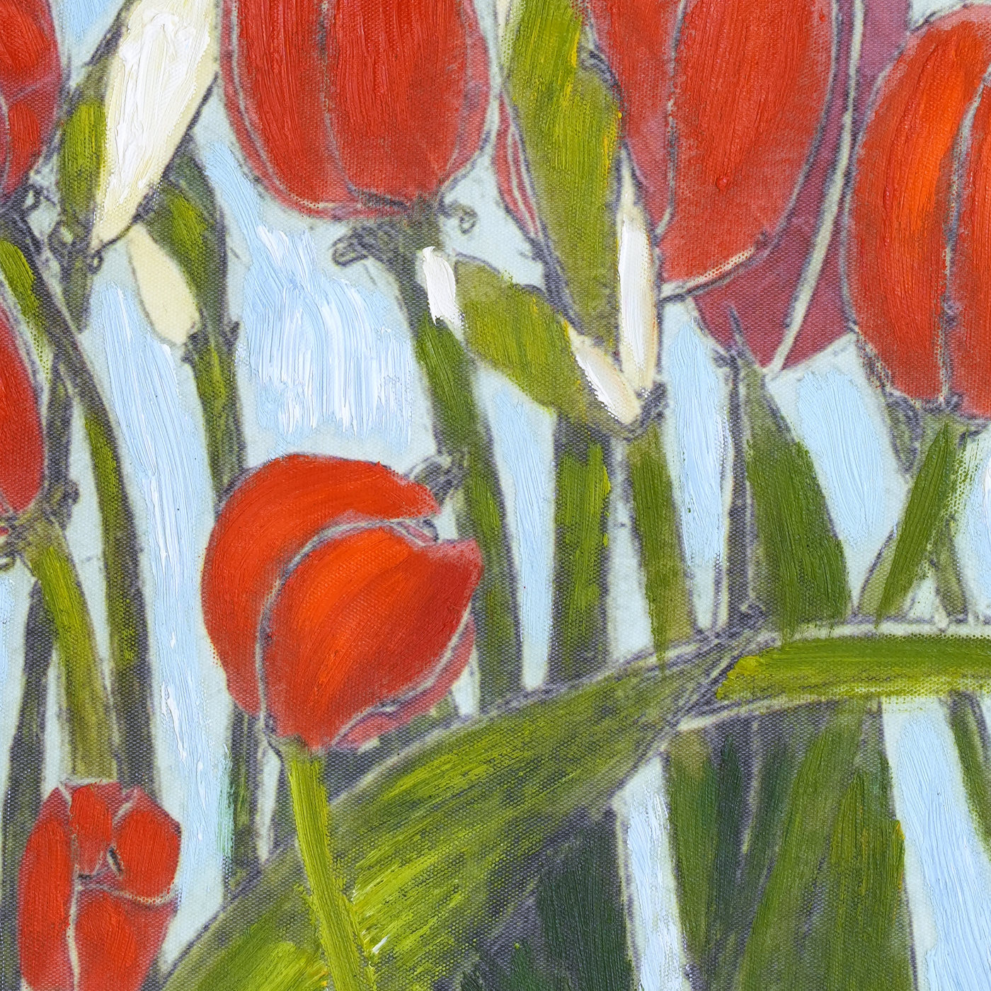 Red Tulip Floral Oil Painting against Blue - Brushwork detail
