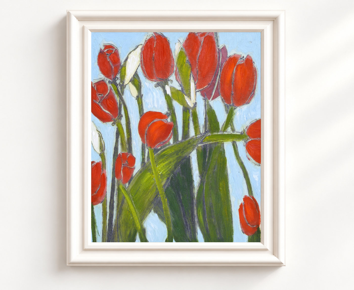 Red Tulip Floral Oil Painting against Blue - Frame example